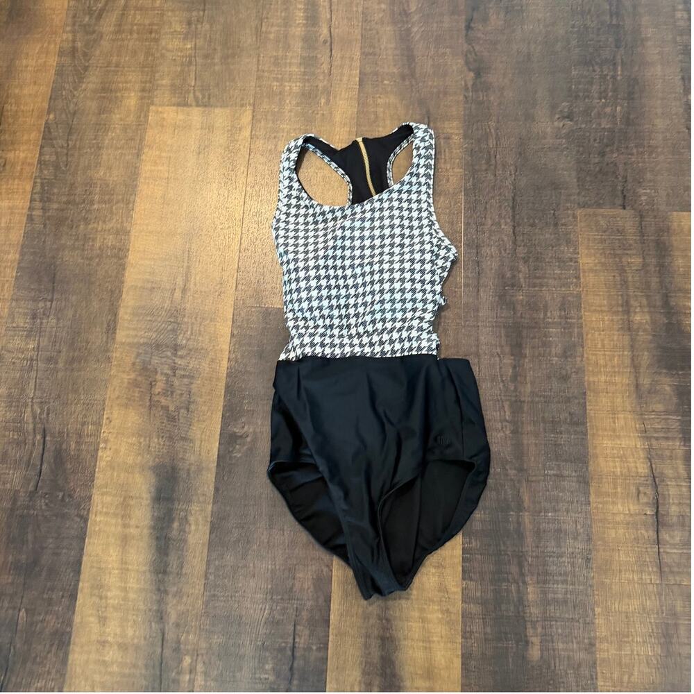 Albion Houndstooth Cutout One Piece Swimsuit Black White Size Medium
